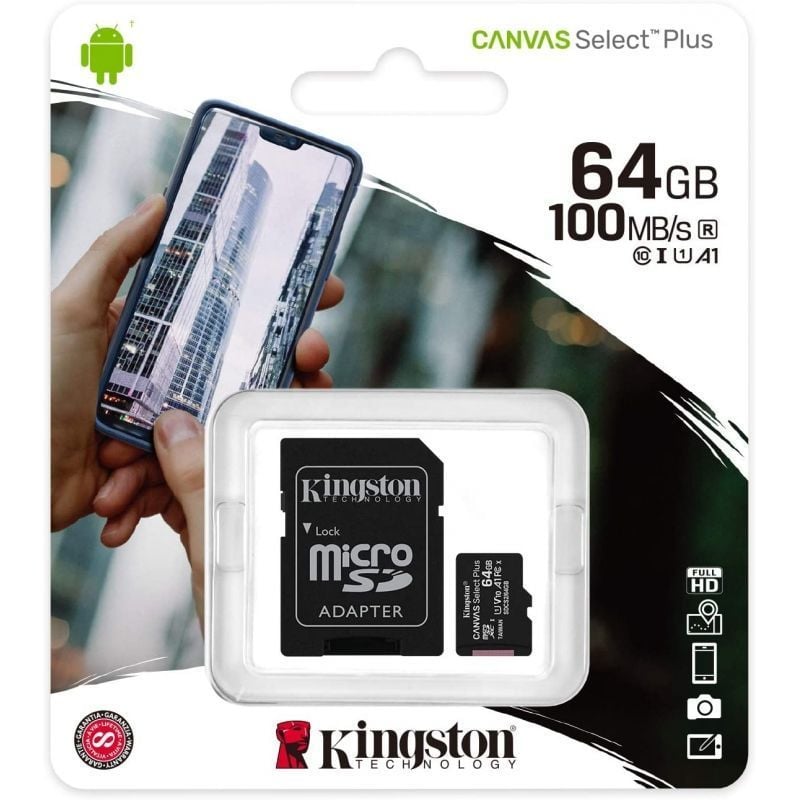 Cartão de Memória Kingston CANVAS Select Plus 64GB Microsd XC com Adaptador / Classe 10 / 100mbs