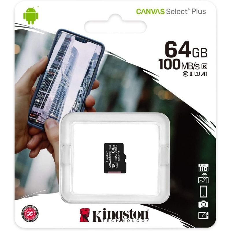 Cartão de Memória Kingston CANVAS Select Plus 64GB Microsd XC / Classe 10 / 100mbs