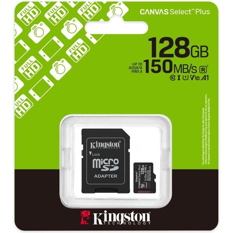 Cartão de Memória Kingston CANVAS Select Plus 128GB Microsd XC com Adaptador / Classe 10 / 150mbs