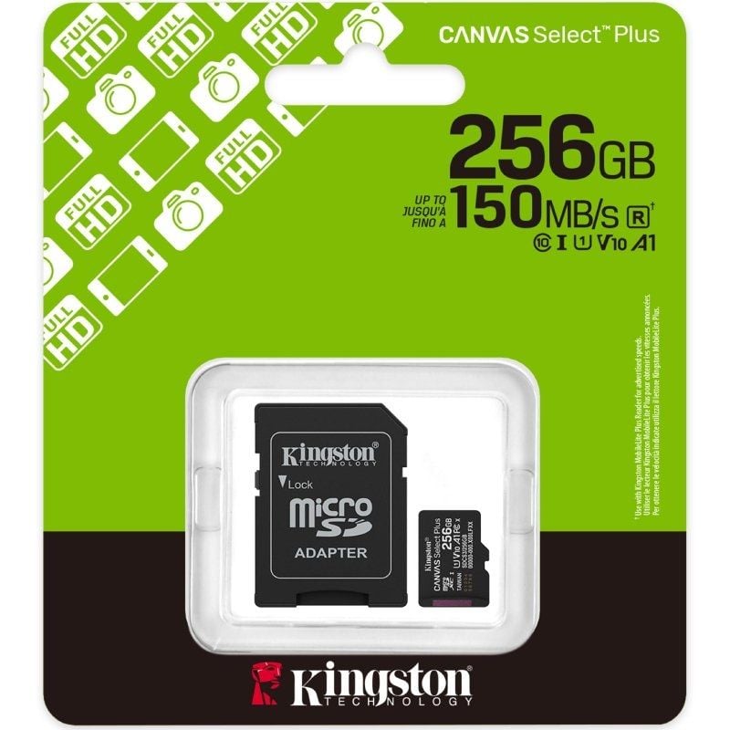 Cartão de Memória Kingston CANVAS Select Plus 256GB Microsd XC com Adaptador / Classe 10 / 150mbs