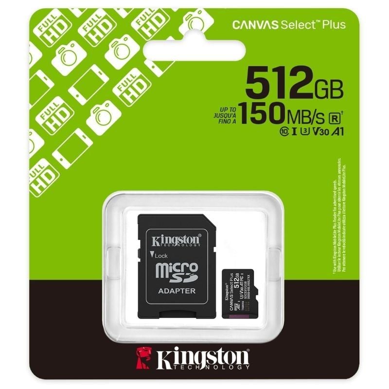 Cartão de Memória Microsd XC Kingston CANVAS Select Plus 512GB com Adaptador / Classe 10 / 150mbs