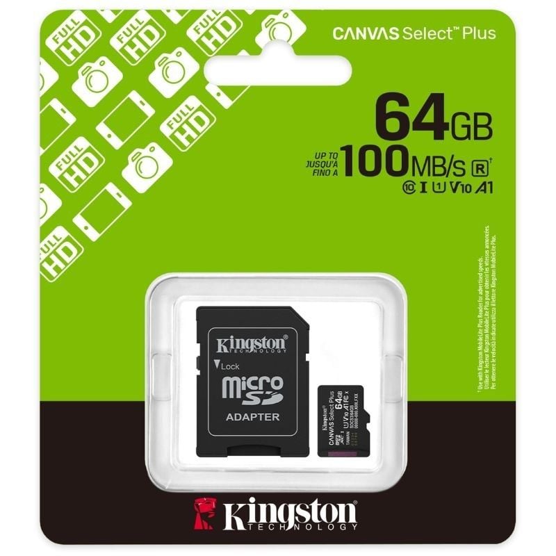 Cartão de Memória Kingston CANVAS Select Plus 64GB Microsd XC com Adaptador / Classe 10 / 100mbs