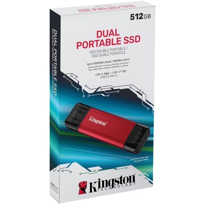 SSD Duplo Portátil da Kingston SSD Externo de 512 GB / USB Tipo C e USB 3.2 / Vermelho