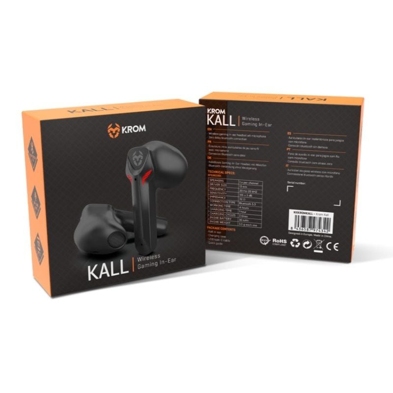 Auscultadores Bluetooth Krom Kall com Estojo de Carregamento / Autonomia 4h / Preto