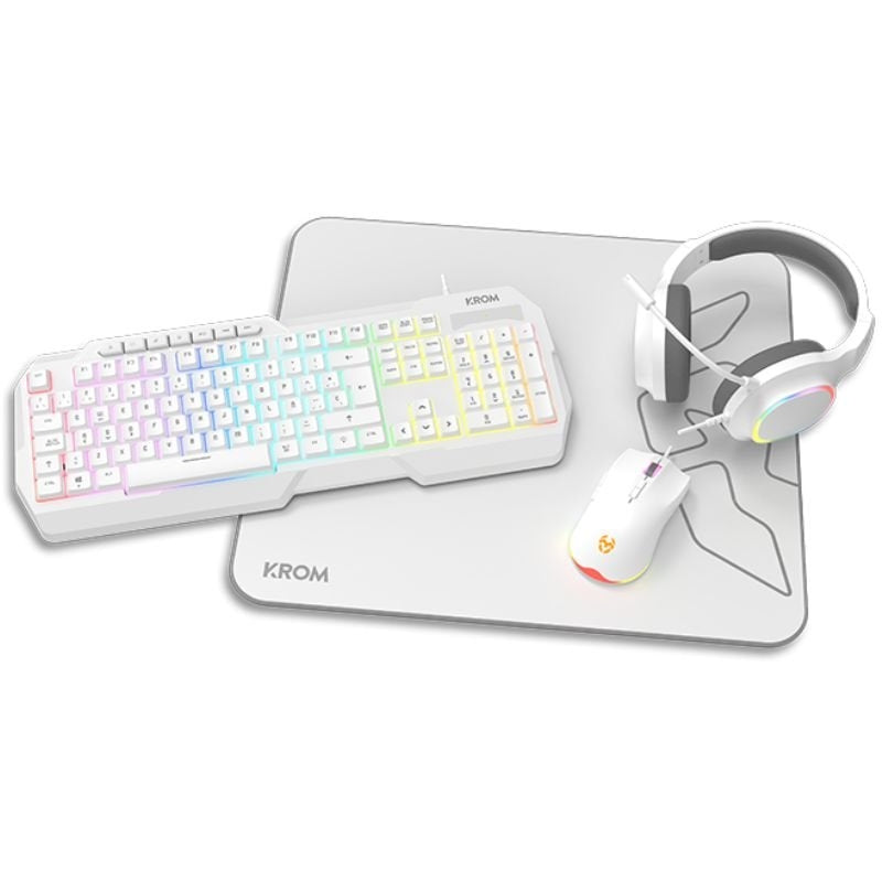 Pack Gaming Krom Kenta / Teclado RGB + Rato + Tapete de Rato + Auricular + Auricular / Branco
