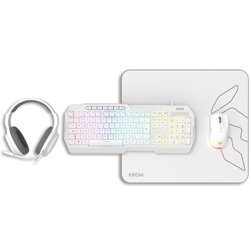Pack Gaming Krom Kenta / Teclado RGB + Rato + Tapete de Rato + Auricular + Auricular / Branco