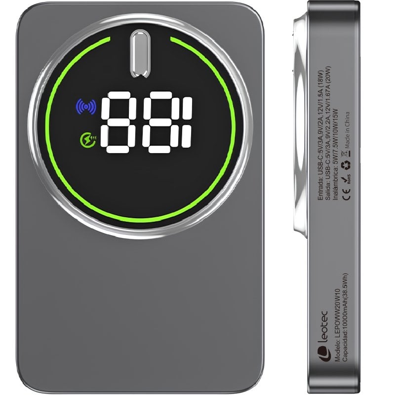 Powerbank 10000mah Leotec LEPOWW20W10G / 20W / sem Fios / Cinzento / Inclui Cabo USB Tipo C
