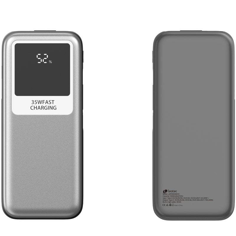 Powerbank 10000mah Leotec LEPOW35W10S / 35W / Prata e Cinzento / Inclui Cabo USB Tipo C e Cabo Ligh…