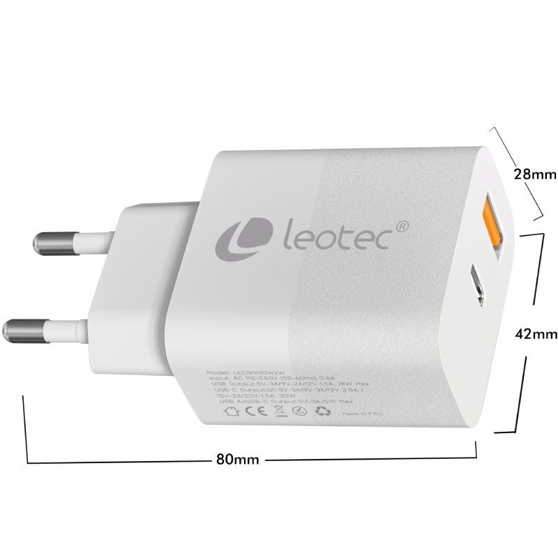 Carregador de Parede Leotec Gan LECSPH30W2W / 1xusb Type-c / 1xusb / 30W