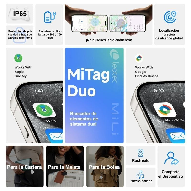 Localizador Duplo Leotec Easytag / Preto / Inclui Um Porta-chaves Castanho