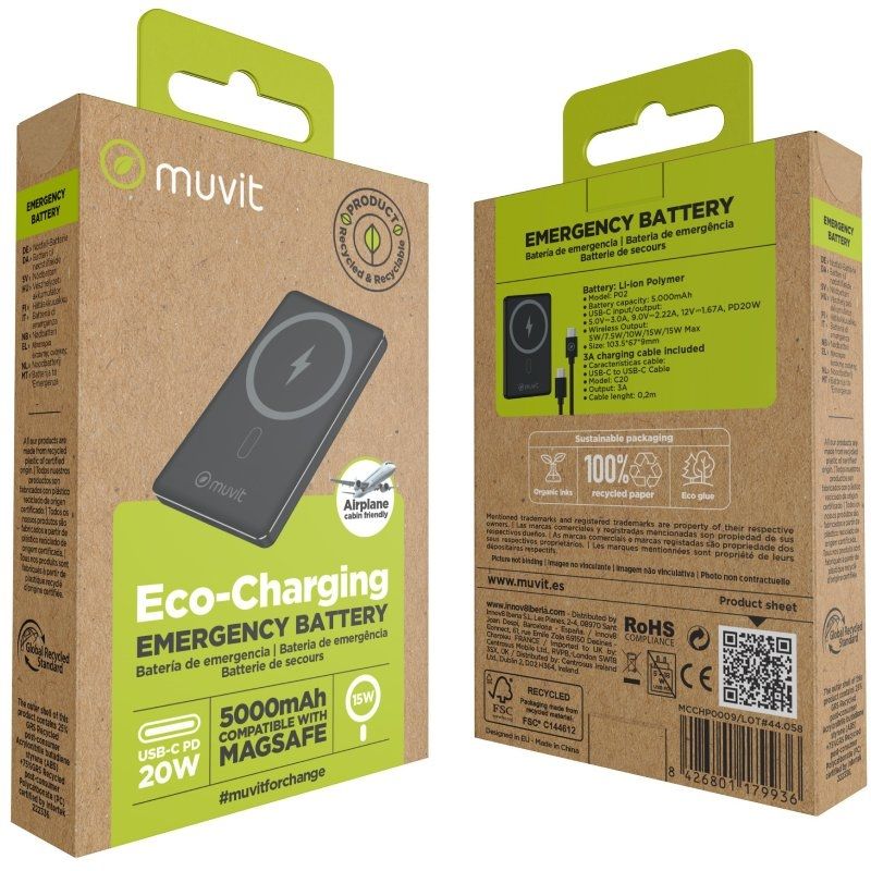 Powerbank 5000mah Muvit For Change MCCHP0009 / 20W / sem Fios / Preto / Inclui Cabo USB Tipo C