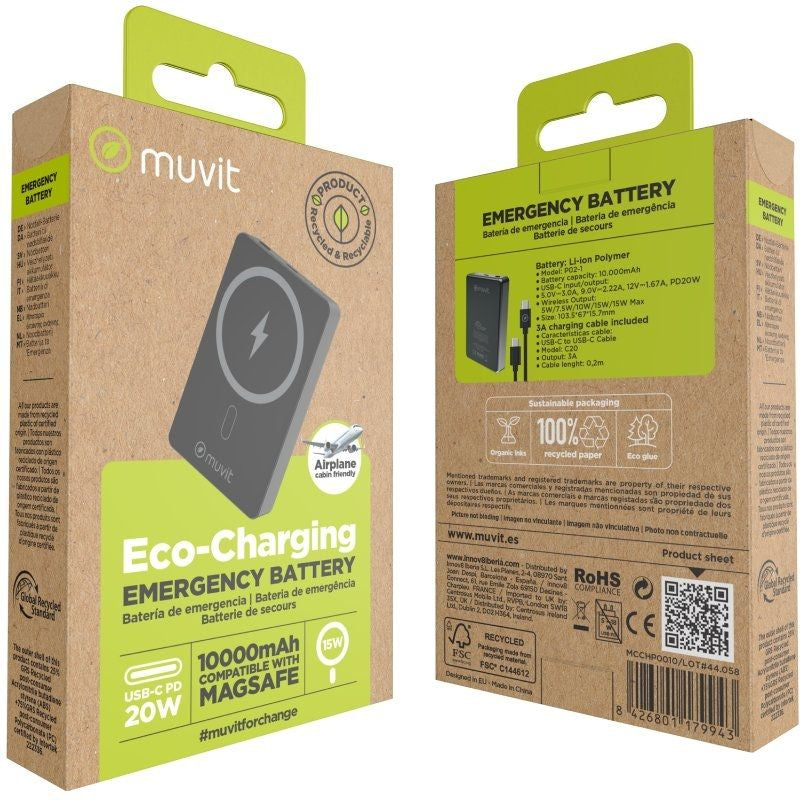 Powerbank 10000mah Muvit For Change MCCHP0010 / 20W / sem Fios / Preto / Inclui Cabo USB Tipo C