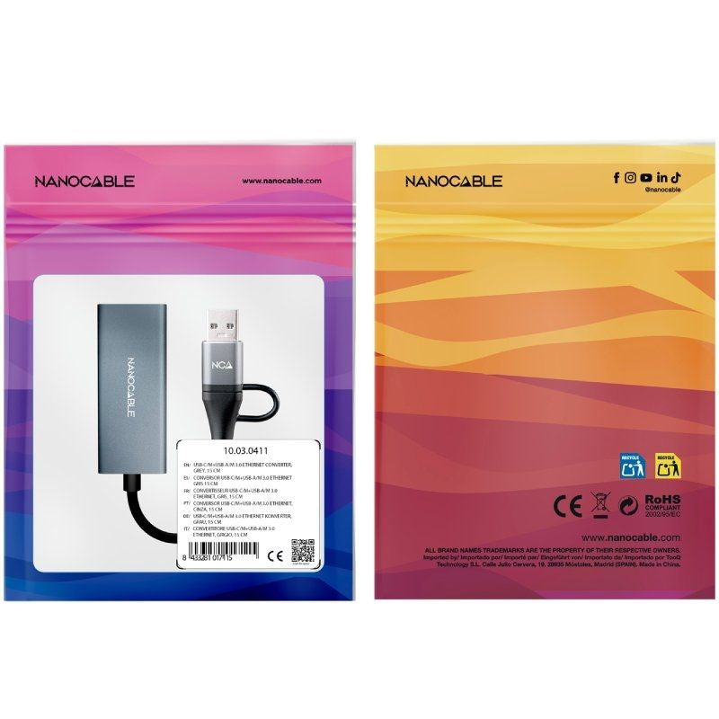 Adaptador USB Macho + USB Tipo C Macho + USB Tipo C Macho - RJ45 Nanocable 10.03.0411 / 1000mbps
