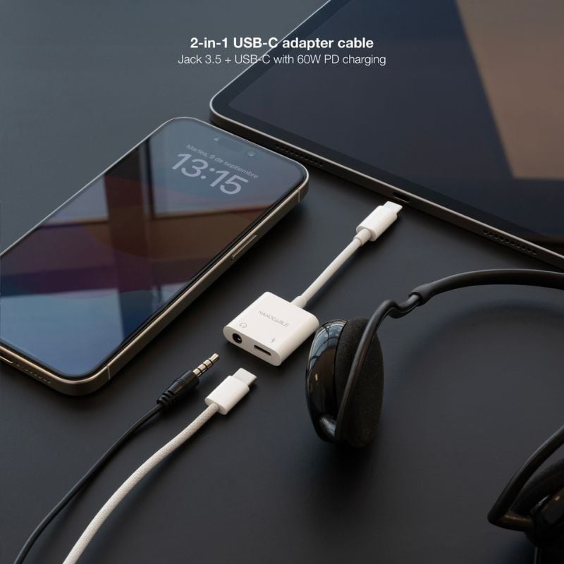 Adaptador de Áudio Nanocable 10.24.1206 / USB Tipo C Macho - Jack 3.5 Fêmea / USB Tipo C Fêmea / Br…