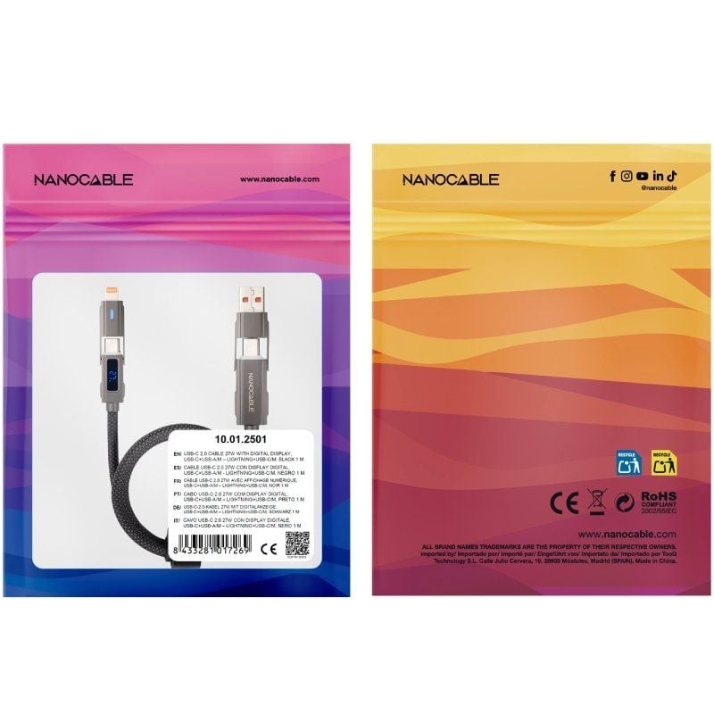 Cabo USB 2.0 Tipo C Nanocable 10.01.2501 / USB Tipo C Macho + USB Macho - USB Tipo C Macho + Lightn…