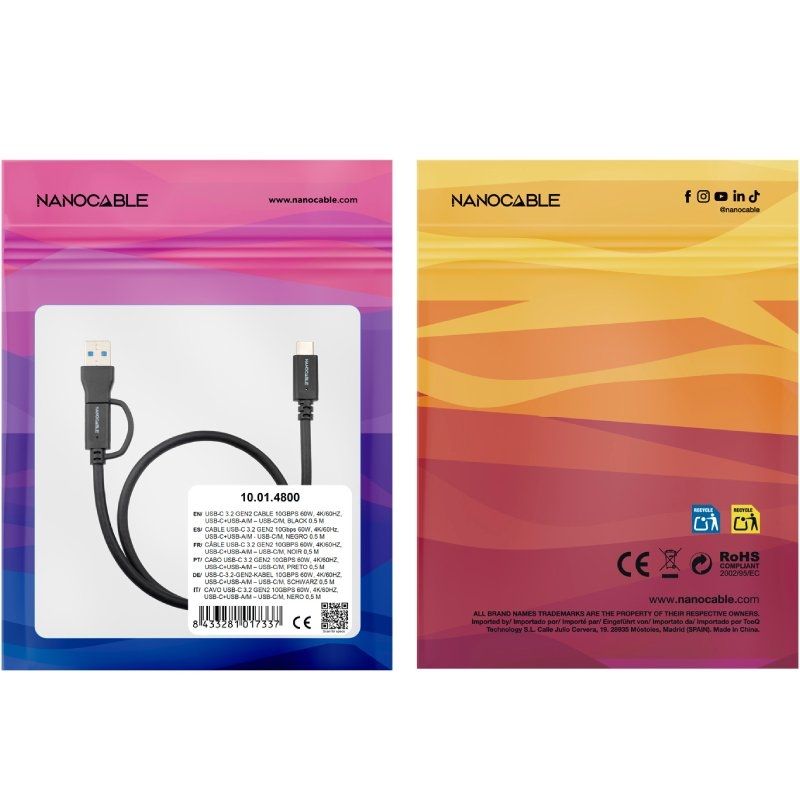 USB 3.2 Type-c Nanocable 10.01.4800 / USB Type-c Male / USB Male - USB Type-c Male / Até 60W / 10gb…