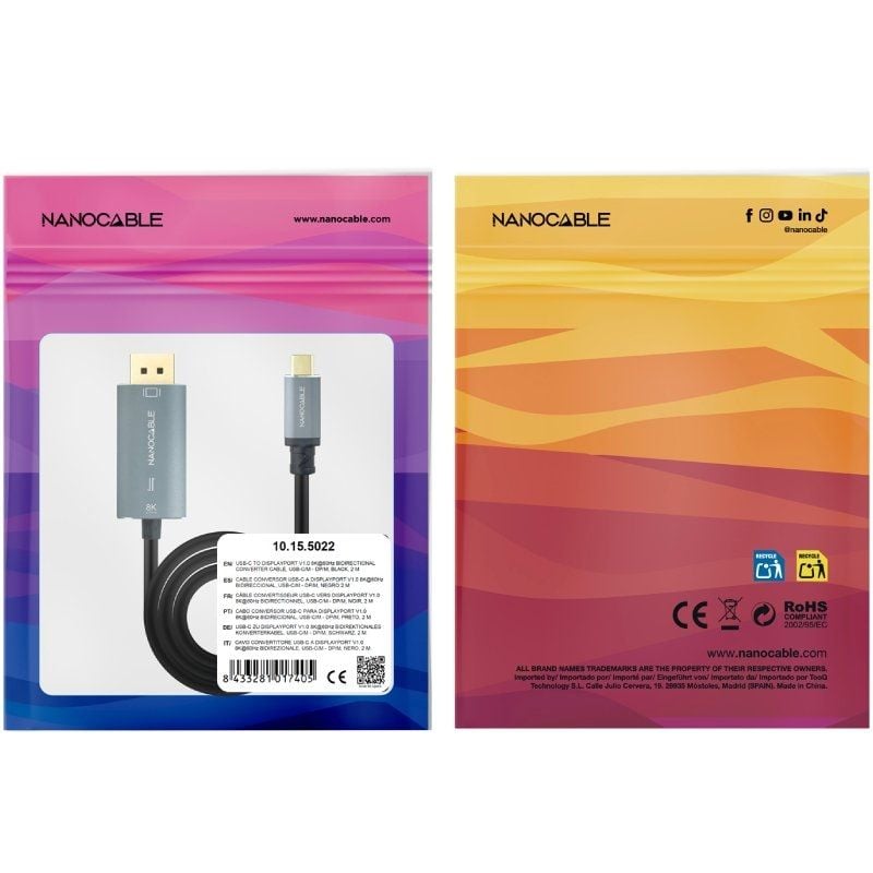 Cabo Conversor Nanocable 10.15.5022 / USB Tipo C Macho - Displayport Macho / 2m / Preto