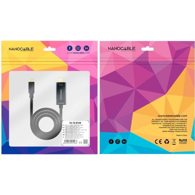 Cabo Conversor Nanocable 10.15.5105 / USB Tipo C Macho - HDMI Macho / 5m / Preto