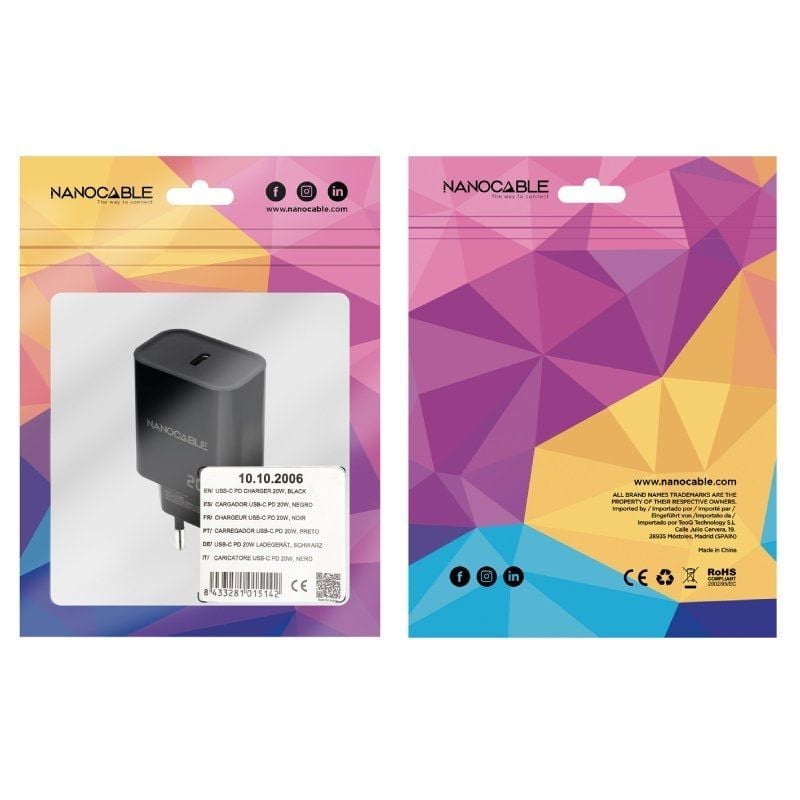 Carregador de Parede Nanocable 10.10.2006 / 1xusb Type-c / 20W / Preto