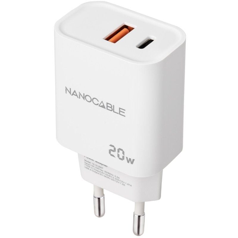 Carregador de Parede Nanocable 10.10.2007 / 1xusb / 1xusb Type-c / 20W / Branco