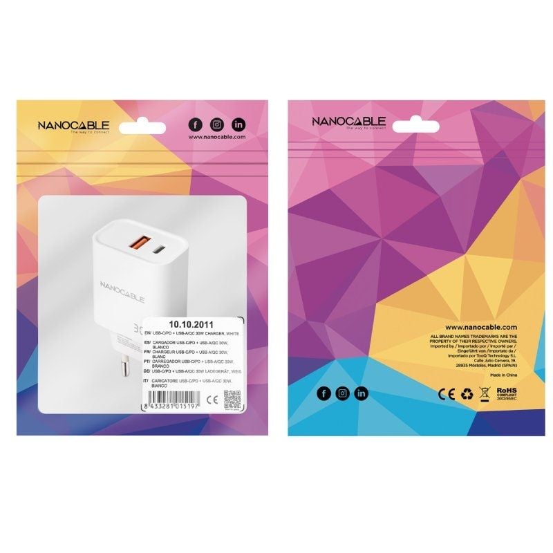 Carregador de Parede Nanocable 10.10.2011 / 1xusb / 1xusb Type-c / 30W / Branco
