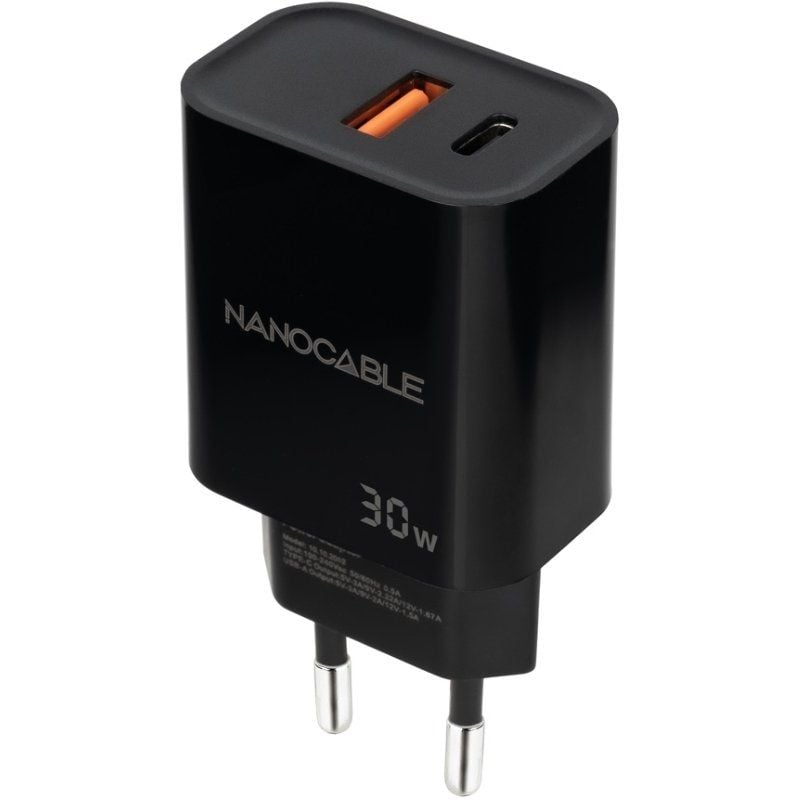 Carregador de Parede Nanocable 10.10.2012 / 1xusb / 1xusb Type-c / 30W / Preto