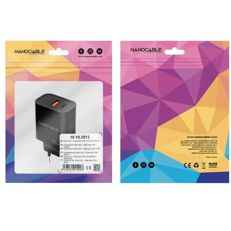 Carregador de Parede Nanocable 10.10.2012 / 1xusb / 1xusb Type-c / 30W / Preto