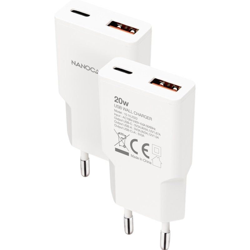 Carregador de Parede Nanocable 10.10.2022 / 1xusb Type-c / 1xusb / 20W / Branco