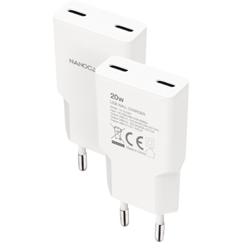 Carregador de Parede Nanocable 10.10.2023 / 2xusb Type-c / 20W / Branco