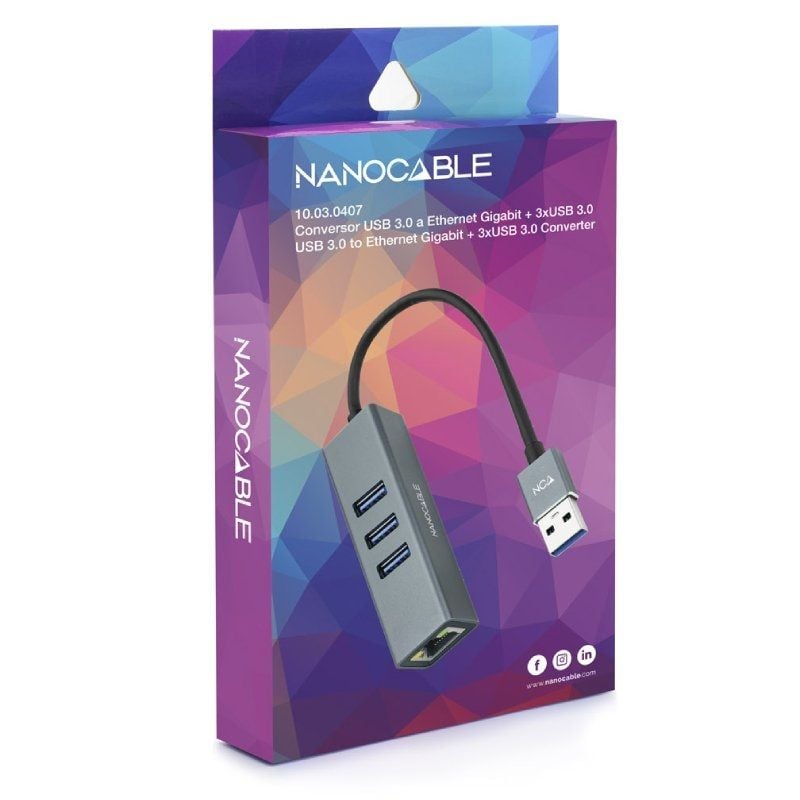 Hub USB 3.0 Nanocable 10.03.0407 / 3xusb / 1xrj45 / Cinzento