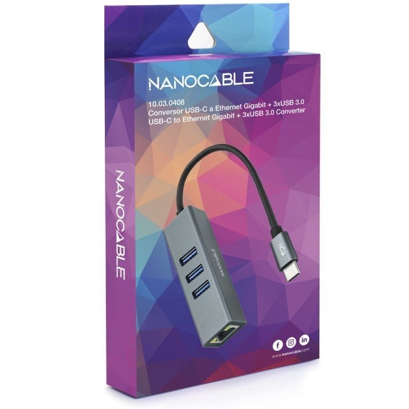 Concentrador USB Tipo C Nanocable 10.03.0408 / 3xusb / 1xrj45 / Cinzento
