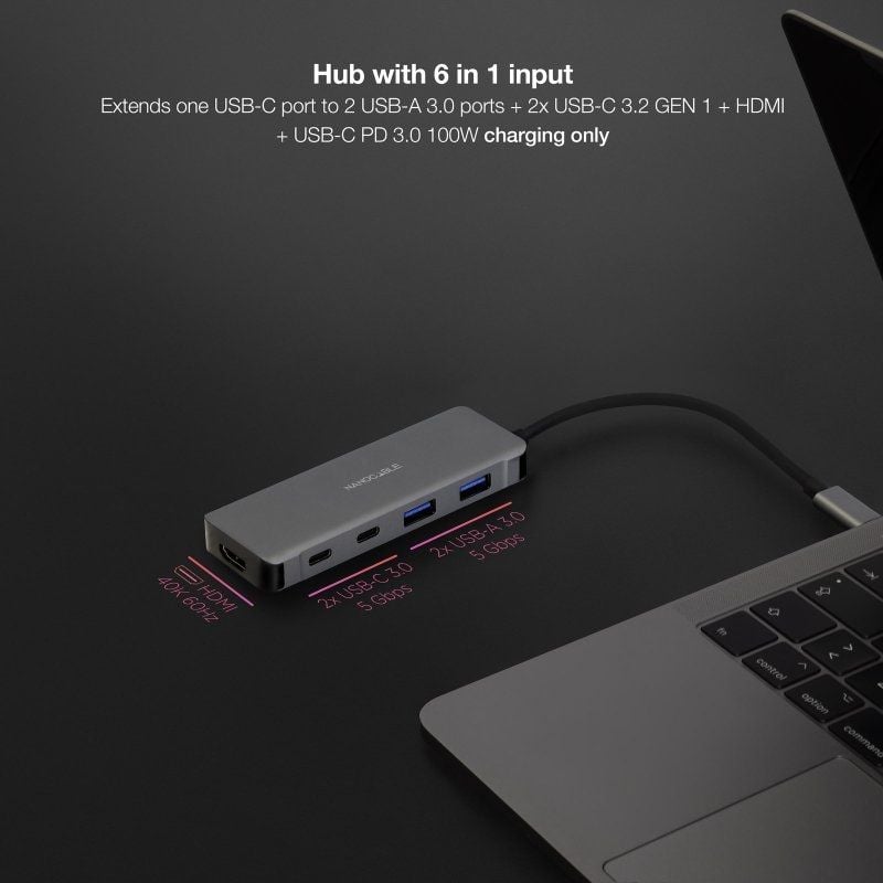 Cabo de Ancoragem Tipo C Nanocable 10.16.1006 / 2xusb / 1xhdmi 4K / 2xusb Tipo C / 1xusb Tipo C PD