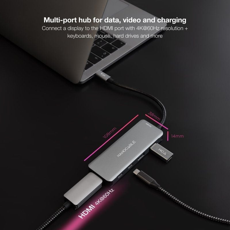 Cabo de Ancoragem Tipo C Nanocable 10.16.1006 / 2xusb / 1xhdmi 4K / 2xusb Tipo C / 1xusb Tipo C PD