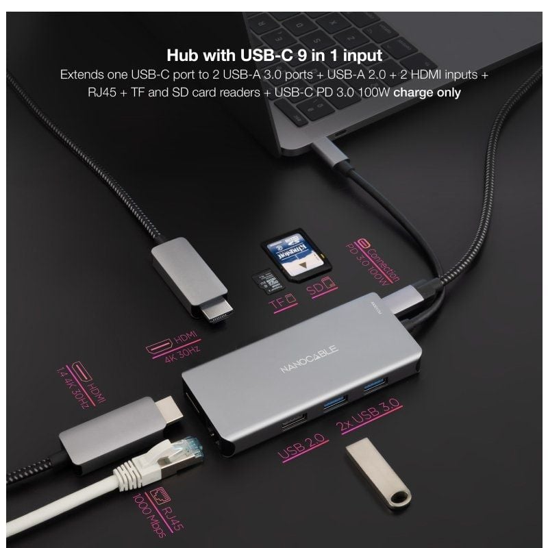 Docking C-type Nanocable 10.16.1009 / 3xusb / 2xhdmi 4K / 1xrj45 / 1xleitor de Cartões / 1xusb C-ty…