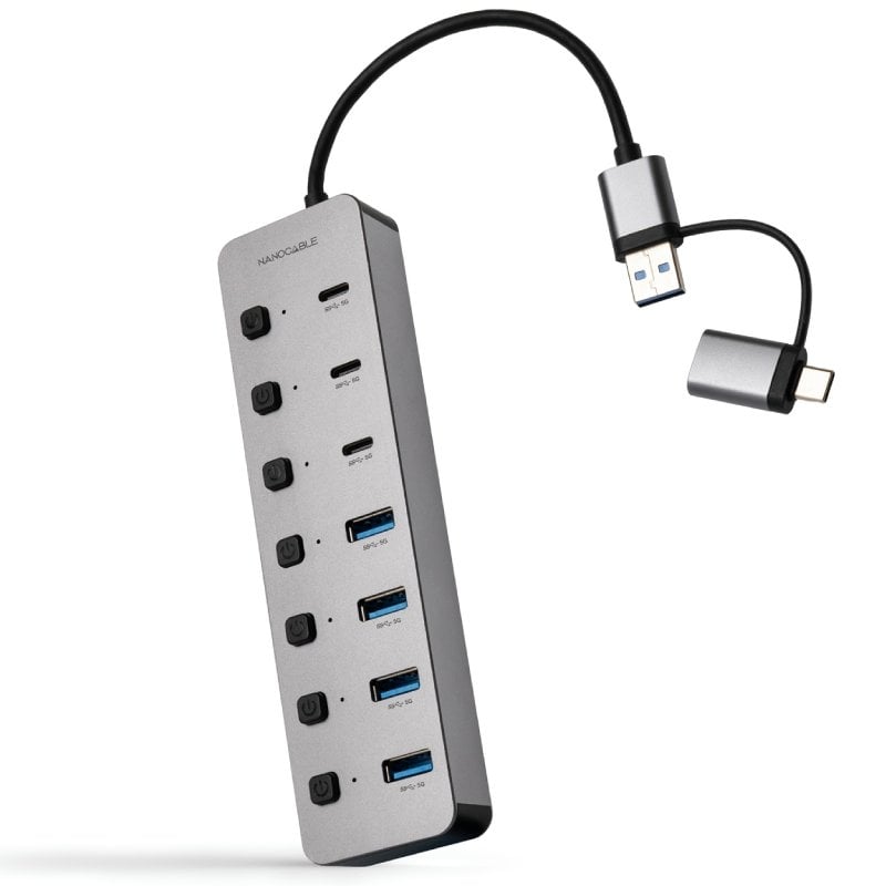 Hub USB + USB Tipo C Nanocable 10.16.4510 / 4xusb / 3xusb Tipo C / 1xusb Tipo C PD / Cinzento