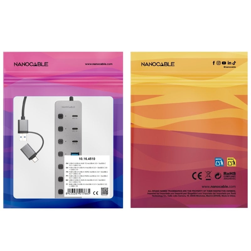 Hub USB + USB Tipo C Nanocable 10.16.4510 / 4xusb / 3xusb Tipo C / 1xusb Tipo C PD / Cinzento