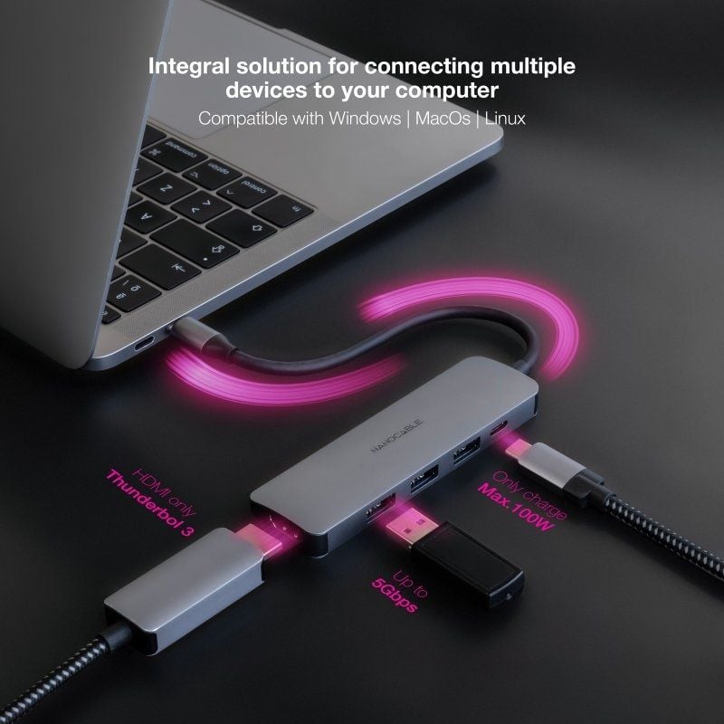 Docking C-type Nanocable 10.16.4605 / 3xusb / 1xhdmi 4K / 1xusb Type-c PD / Cinzento