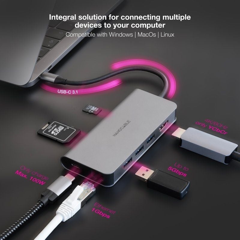 Docking C-type Nanocable 10.16.4609 / 3xusb / 1xhdmi 4K / 1xrj45 / 1xleitor de Cartões / 1xusb C-ty…