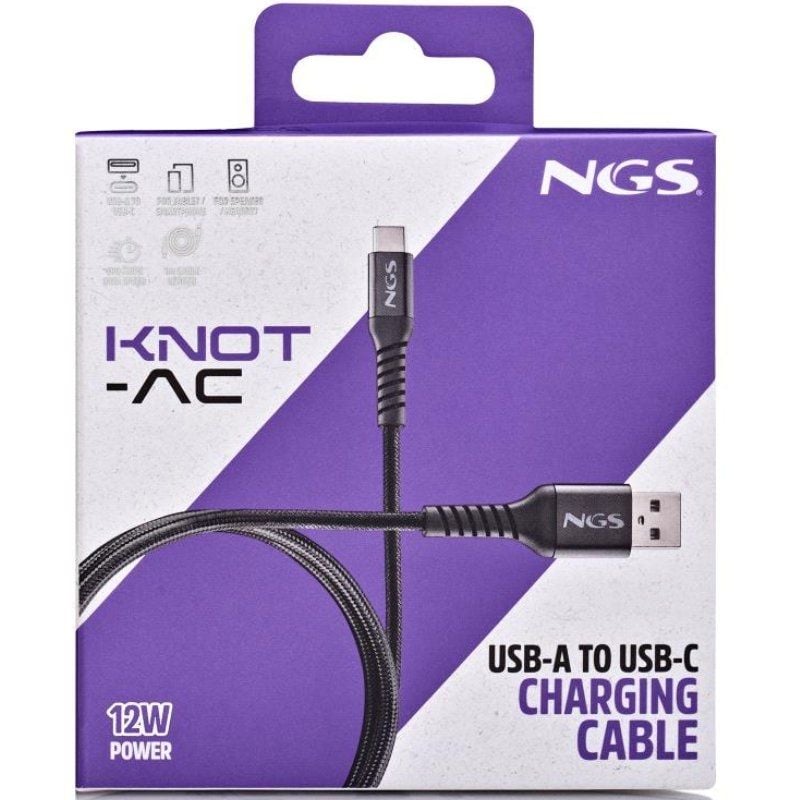 Cabo USB 2.0 NGS Knot-ac / Macho USB - Macho USB Type-c / Até 12W / 480mbps / 1m / Preto