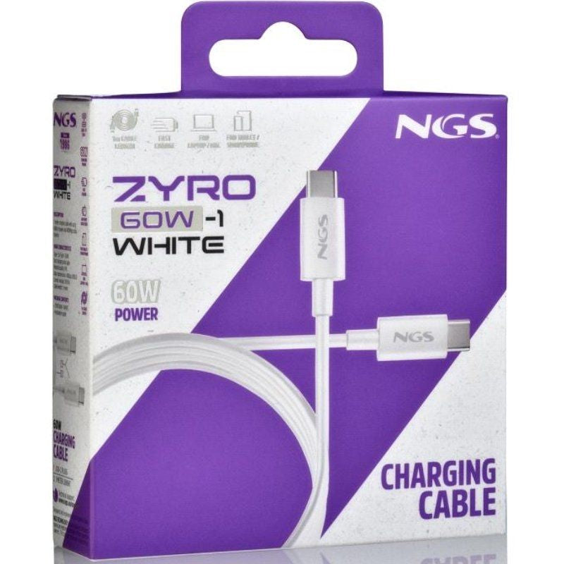 Cabo USB 2.0 Tipo C NGS ZYRO 60w-1 / USB Tipo C Macho - USB Tipo C Macho / Até 60W / 480mbps / 1m /…