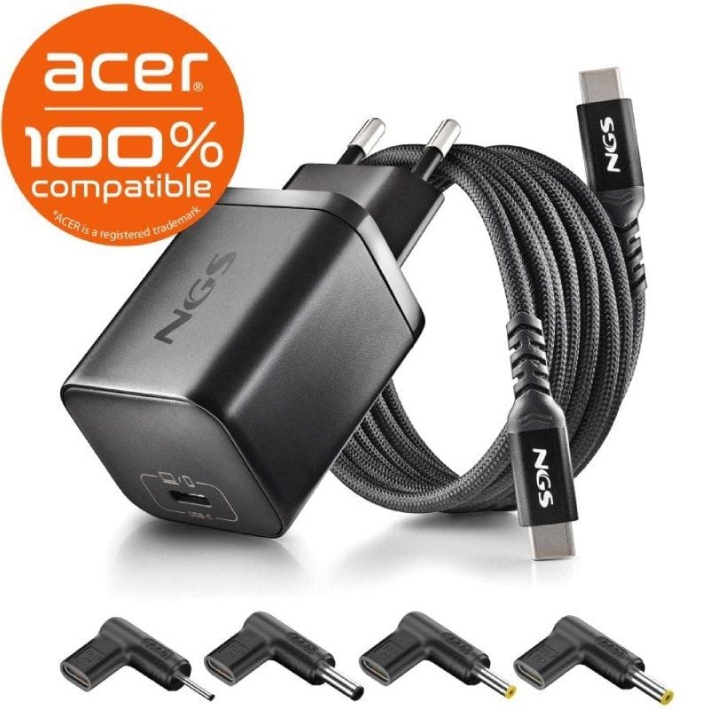 Carregador para Portátil Gan NGS Bud65w-ac para Acer / 1xusb Type-c / 65W / Automático / 4 Conector…