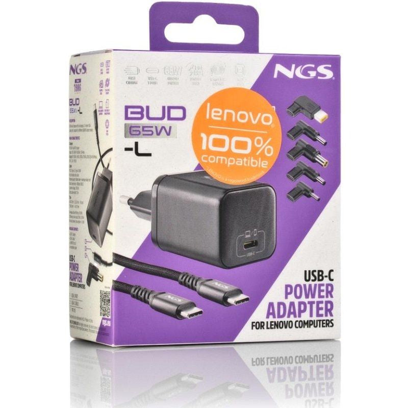 Carregador para Portátil Gan NGS Bud65w-l para Lenovo / 1xusb Type-c / 65W / Automático / 5 Conecto…