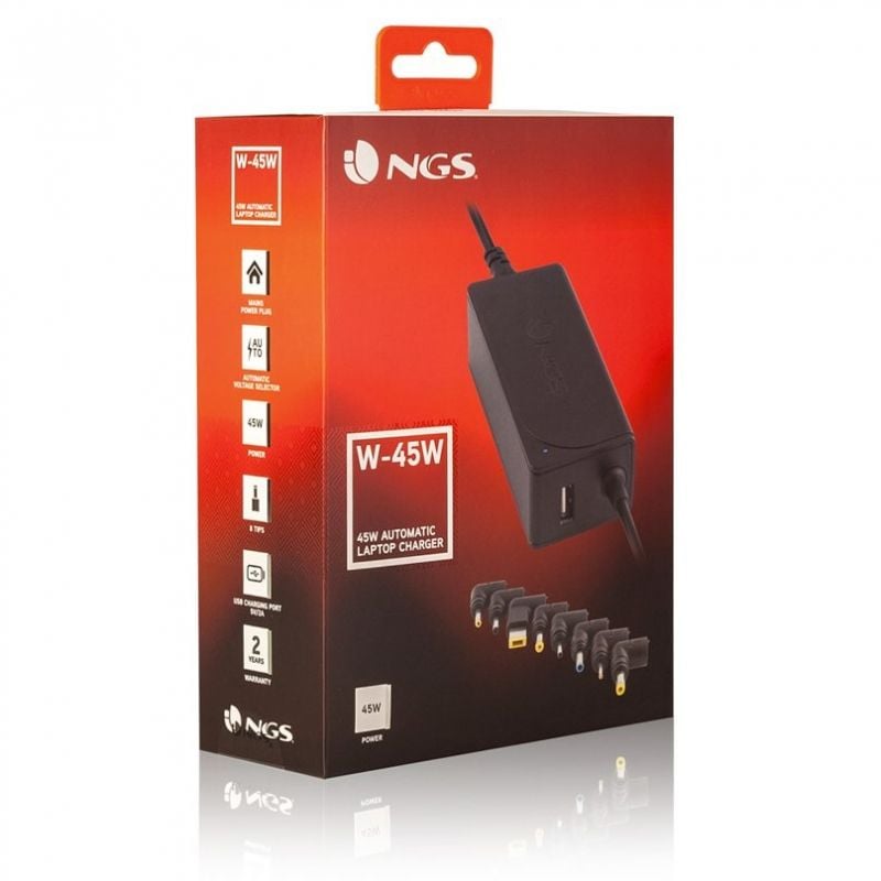Carregador de Computador Portátil NGS W-45w / 45W / Automático / 8 Conectores / Tensão 19-20v / 1 U…