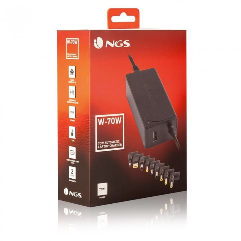 Carregador para Computador Portátil NGS W-70w / 70W / Automático / 9 Conectores / Tensão 18,5-20v /…