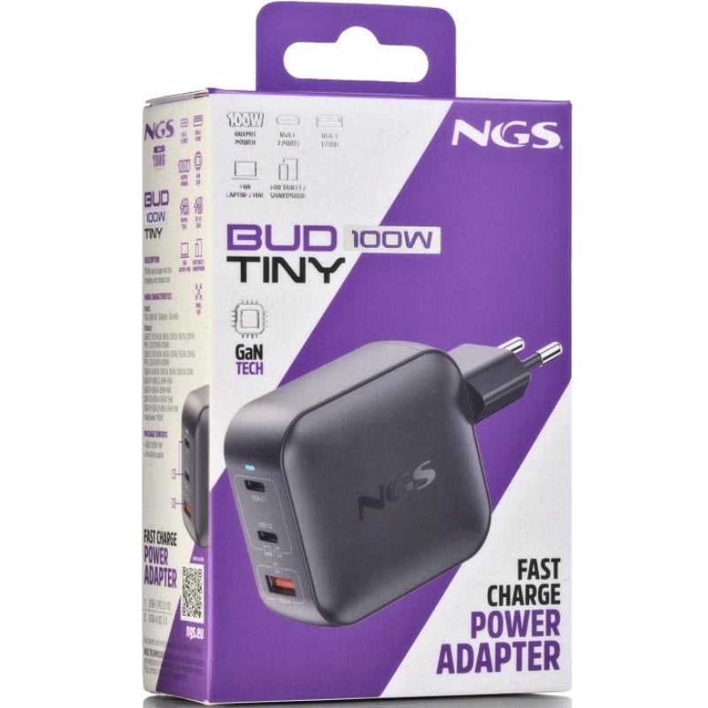 Carregador de Parede Gan NGS BUD100WTINY 100W / 2xusb Type-c / 1xusb / 100W