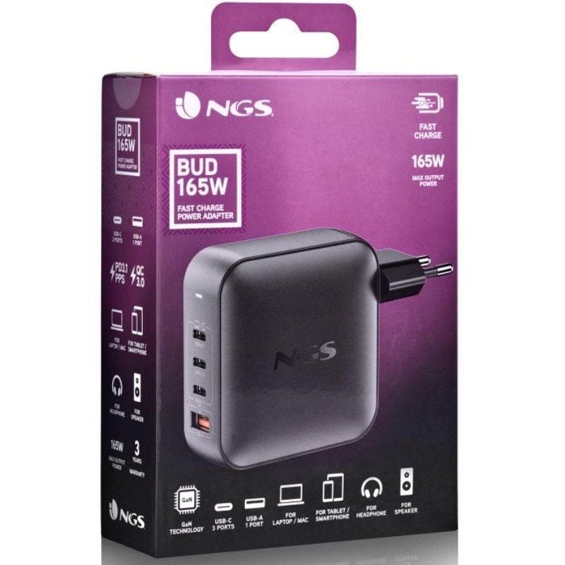 Carregador para Computador Portátil Gan NGS BUD 165W / 165W / Automático / Tensão 5-21v