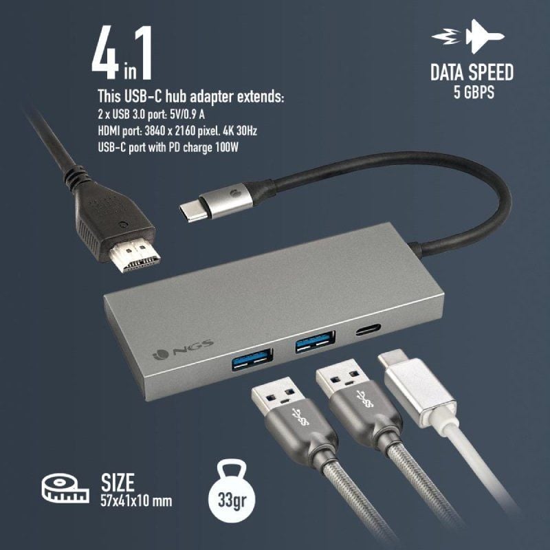 Base de Ligação USB Tipo C NGS Wonderdock4 Pro / 2xusb / 1xusb Tipo C DP / 1xhdmi 4K