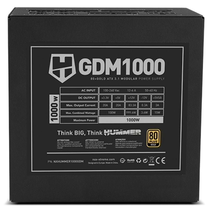 Fonte de Alimentação Nox Hummer GDM / 1000W / Ventilador de 12cm / 80 Plus Gold