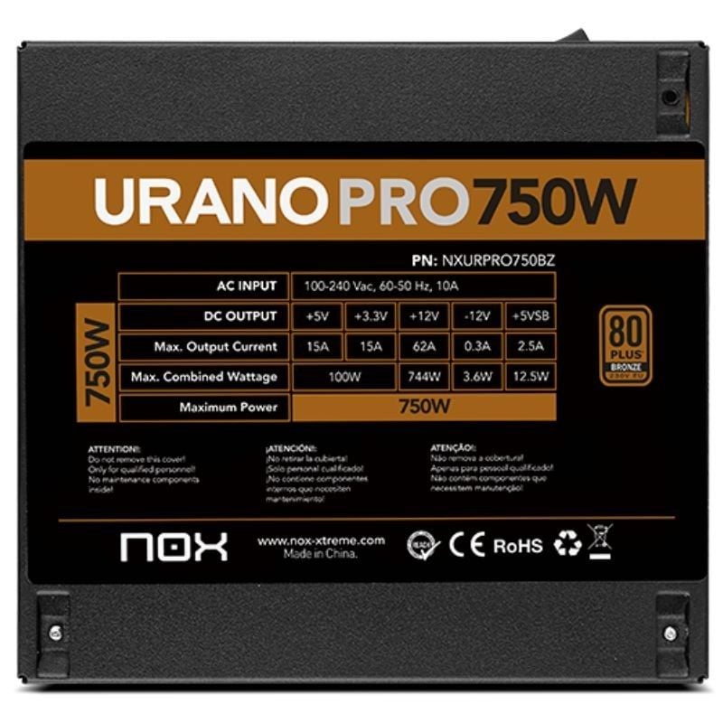 Fonte de Alimentação Nox Hummer Urano Pro / 750W / Ventilador de 12cm / 80 Plus Bronze