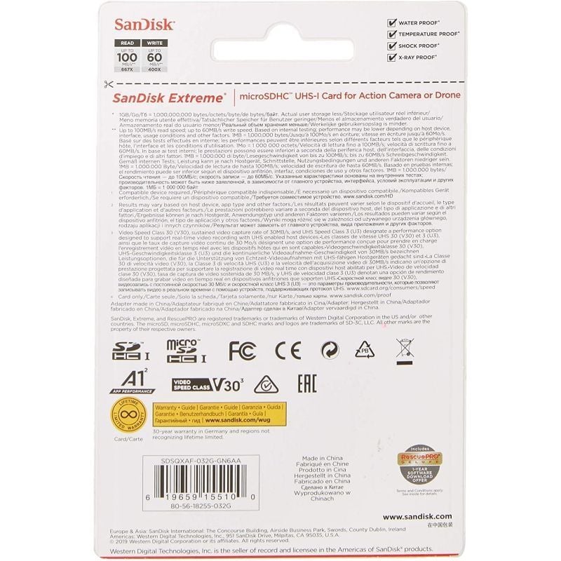 Cartão de Memória Sandisk Extreme 32GB Microsd HC Uhs-i com Adaptador / Classe 10 / 100mbs